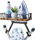 TJ.MOREE Ironing Board Hanger Wall Mount - Laundry Room Iron and Ironing Board Holder with Large Storage Wooden Base Basket and Removable Hooks(T&V Shaped)