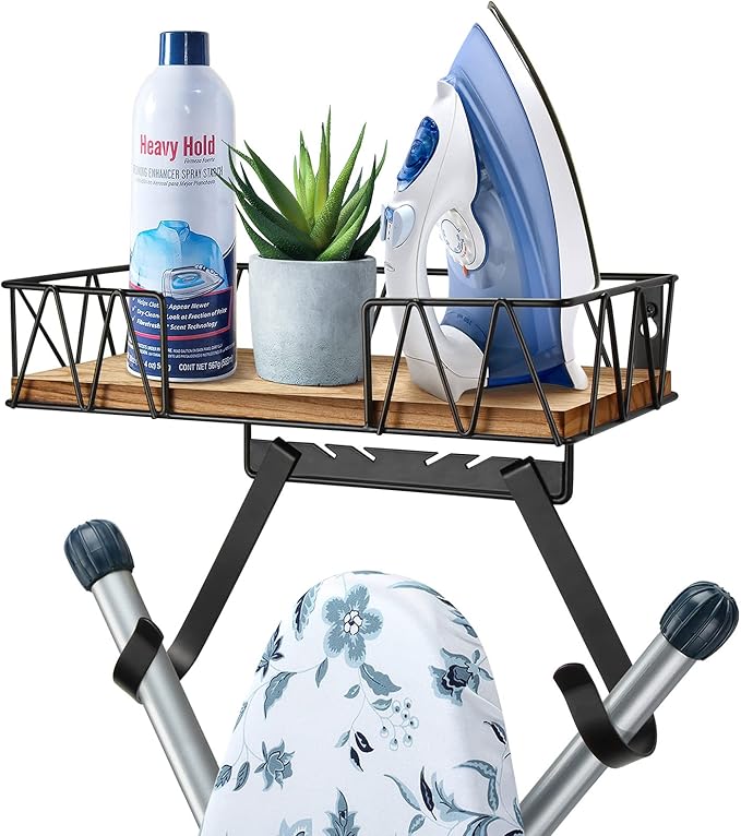 TJ.MOREE Ironing Board Hanger Wall Mount - Laundry Room Iron and Ironing Board Holder with Large Storage Wooden Base Basket and Removable Hooks(T&V Shaped)