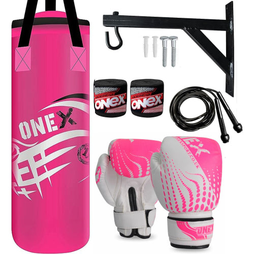 (PINK) 2ft Kids Punch Bag Filled Boxing Training Set