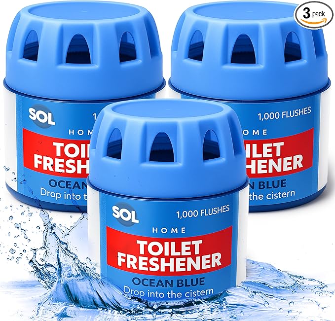 SOL 3pk x 70g Toilet Fresheners, Ocean Scented Blue Cistern Blocks, Last 1000 Flushes, Prevents Limescale, Cleans Rims, Strong Air Freshners and Loo Cleaner for Bathroom Air, Room, Home Airfreshener