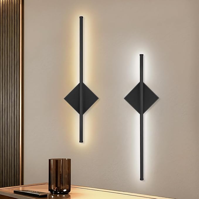 Rechargeable Wall Sconce Lights 6600mAh, Battery Operated Wall Lights 3 Color Temperature, Wall Lamp Dimmable 60CM, Wireless Wall Light with Remote Control Black for Living Room Bedroom 2 Packs[Energy Class E]