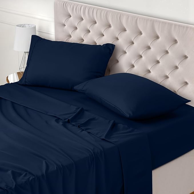 Utopia Bedding Bed Sheet Set Double, Navy Blue, 4 Piece – Fitted Sheet, Flat Sheet with 2 Pillow Cases 50x75 – Wrinkle, Shrinkage & Fade Resistant – Oeko-Tex Certified, Polyester Microfiber Fabric