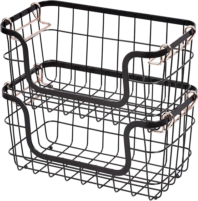 Amazon Basics Stackable Metal Storage Baskets for Kitchen or Bathroom, Rectangular, 2 Pack, 16.3 x 31 x 14.1 cm, Black