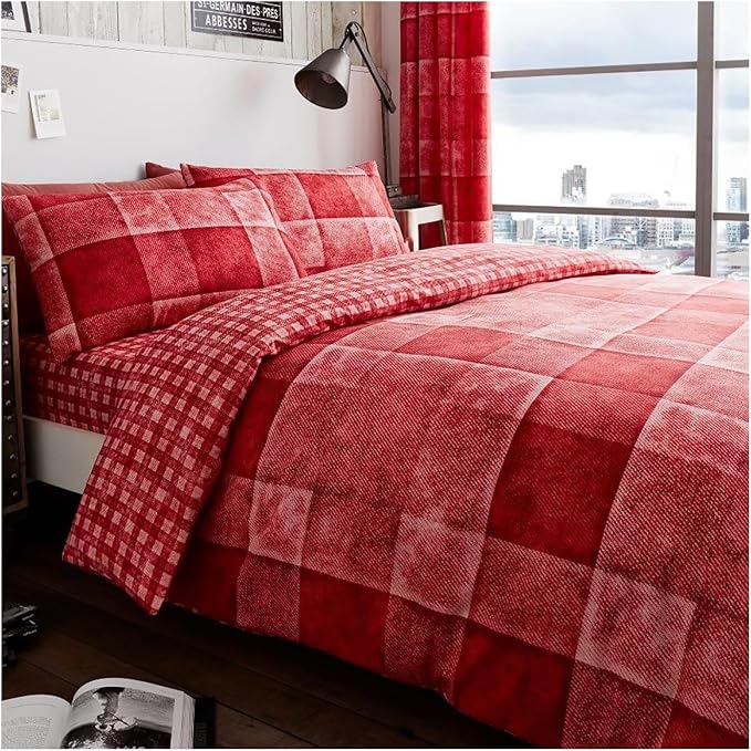 GC GAVENO CAVAILIA Soft & Cosy Check Double Quilt Cover, Luxury Reversible Checked Quilt Bedding Set, Denim Check, Red