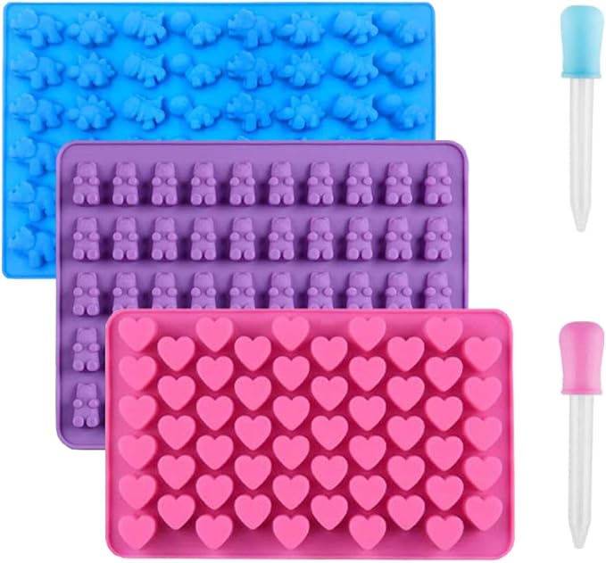 3 Pack Silicone Chocolate Molds, Reusable Candy Baking Mold Ice Cube Trays Candies Making Supplies with 2 Droppers, Nonstick Silicone Gummy Molds Including Mini Dinosaur, Hearts, Bear Shape