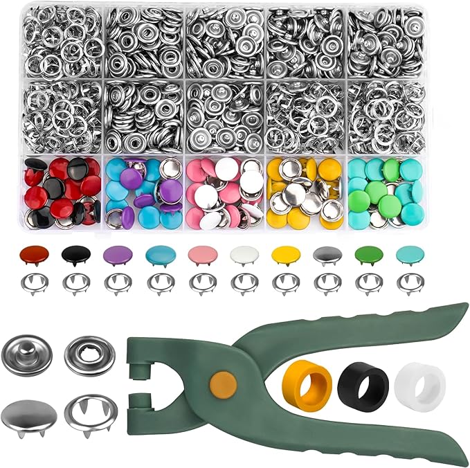 rietegio Snap Button Fastener Kit 250 Sets Poppers Fasteners with Pliers No Sewing Studs Snap Fasteners Hollow and Solid for DIY Clothes Leather Jeans Bags (10 Colors)