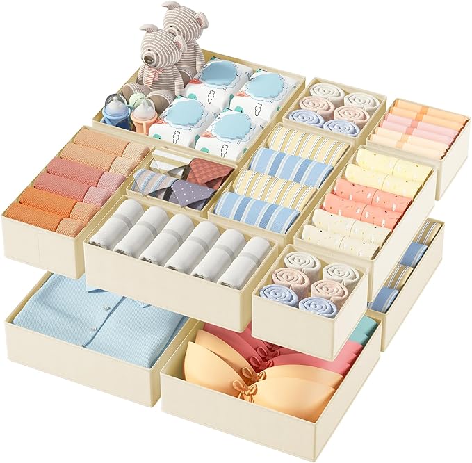 DIMJ 12 Pack Drawer Organisers Foldable Storage Box Fabric Drawer Dividers Wardrobe Storage Organiser Storage Cubes for Bras, Socks, Underwear, Ties, Scarves, Cosmetics
