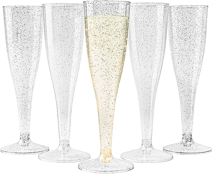 MATANA 48 Premium Plastic Champagne Flutes with Silver Glitter, 133ml - Reusable Champagne Glasses, Plastic Flutes, Prosecco Glasses for Cocktails, Wine, Dessert, Weddings, Birthdays, BBQ, Parties