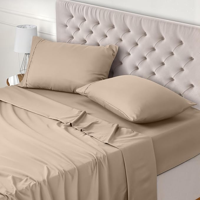 Utopia Bedding Bed Sheet Set Double, Beige, 4 Piece – Fitted Sheet, Flat Sheet with 2 Pillow Cases 50x75 – Wrinkle, Shrinkage & Fade Resistant – Oeko-Tex Certified, Polyester Microfiber Fabric