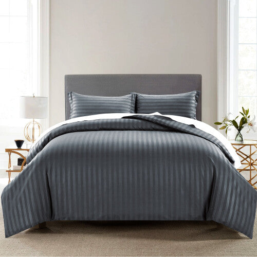 (Charcoal, King) Stripe Duvet Cover Set Bed Quilt & Pillowcase Pair