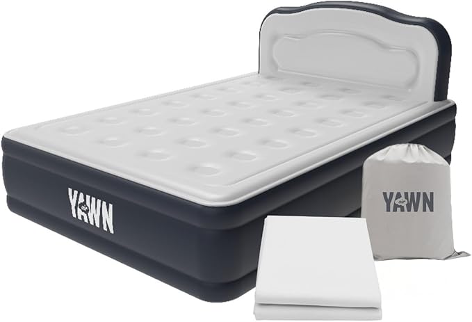YAWN AIR Deluxe Self-Inflating Airbed with Custom Fitted Sheet Included - Double Size - Great Guest Bed, Camping Mattress - Built-in Pump & Headboard - Available in UK Single, Double & King
