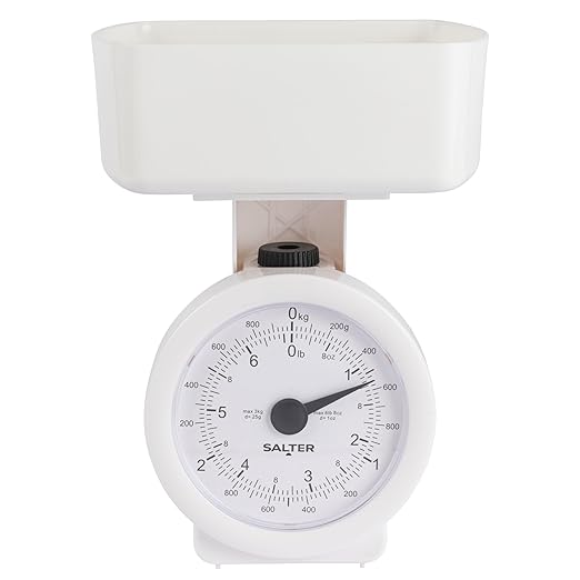 Salter Mechanical Kitchen Scale – Mini Analogue Food Scale, Baking/Cooking, 3kg Capacity, 1L Dishwasher Safe Detachable Bowl, No Batteries, Scale Fits Inside Bowl For Compact Storage, 24 x 18 cm