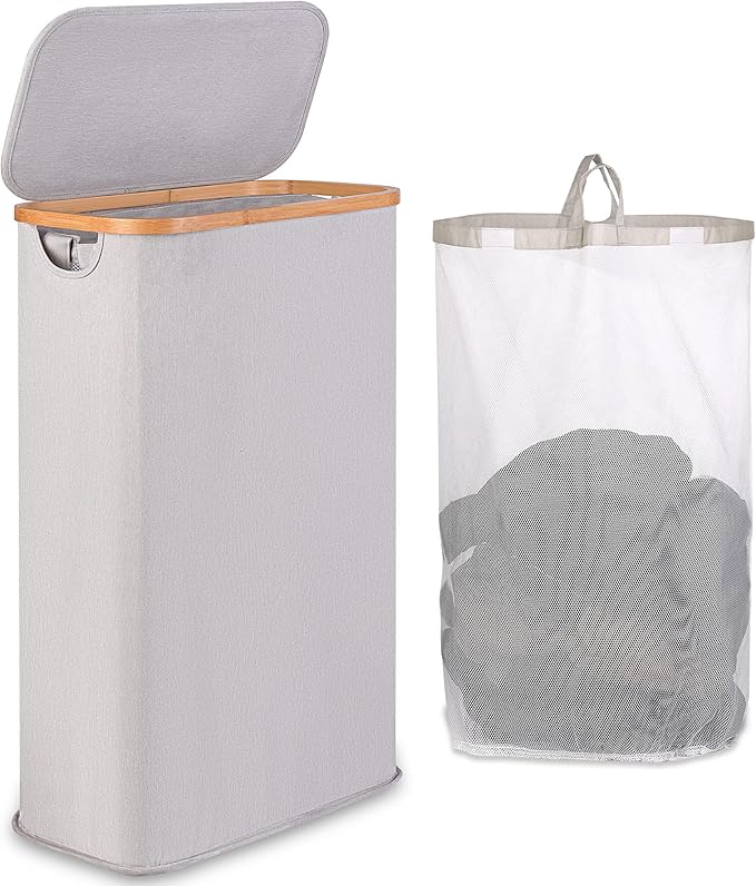Washing Basket for Laundry, 60L Slim Laundry Basket with Removable and Washable Inner Bag, Foldable Laundry Bin Organizer with Bamboo Handle and Lid (Light Grey)