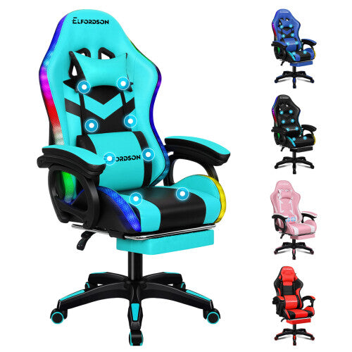 (LED Marc - Black & Cyan) ELFORDSON Gaming Office Chair 12 RGB LED Massage Footrest