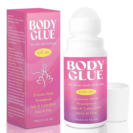 Body Glue for Skin & Clothing 75ml With Roll-On Design - 12-Hour Hold, Sweat-Proof, Invisible & Washable - For Wigs, Dancers, Socks, Corsets, Bras & Costumes