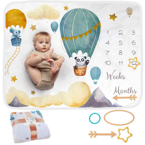 Baby Milestone Blanket | Monthly Photo Mat for Newborn Boy or Girl, Unisex | Balloon Theme | Personalised Baby Shower Present for New Mums | Age Mat |