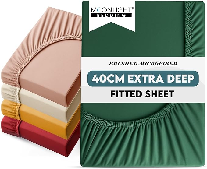 Moonlight Bedding Double Fitted Sheets 40 Cm (16 Inch) Extra Deep Pocket Emerald Fitted Sheets with Elastic Corners, Soft Brushed Microfiber Fabric, Breathable, Shrinkage & Fade-Resistant Bedsheets