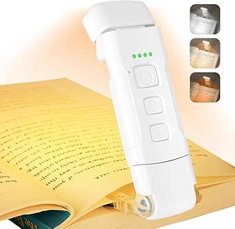 Book Light Rechargeable,Eye Caring Reading Light Lamp Clip on Book, 3 Colors,5 Brightness & USB Rechargeable, Long Lasting up to 80 hrs,Portable Mini LED Book Light for Book Lovers-White
