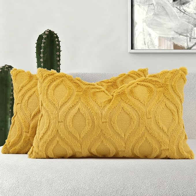 decorUhome Set of 2 Faux Fur Cushion Covers 30x50 cm, Decorative Soft Plush Fluffy Velvet Cushion Cover 12X20 Inch, Rectangle Boho Neutral Pillow Case for Sofa, Mustard Yellow