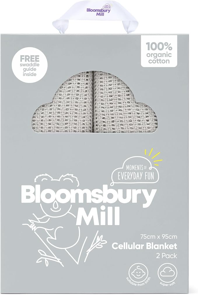 Bloomsbury Mill - Cellular Blankets Baby - Soft 100% Organic Cotton Baby Blanket - Pack of 2 - Essentials For Newborn - Ideal for Cot Bed, Travel, Car Seat, Pram, Moses Basket - Grey 75x95cm