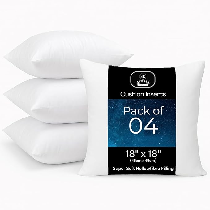 Pack of 4 Hollowfibre Cushion pads 45cm x 45cm - White square Cushions - Standard pack of Hypoallergenic Cushion inserts 45cm x 45cm (Pack of 4 | 18"x18")