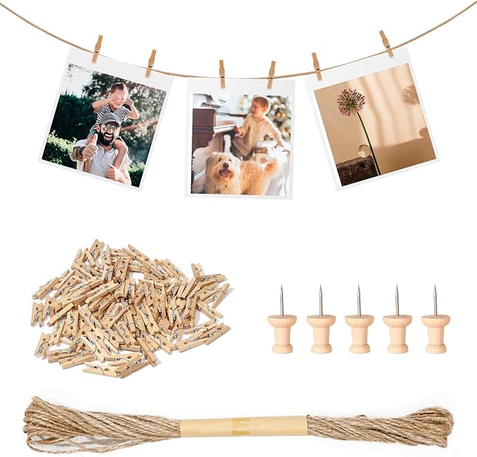 150PCS Mini Wooden Pegs, 2.5cm Small Photo Pegs, Natural Photo Clips Peg with 10M Jute String for Christmas Wall Display, Weddings & Party