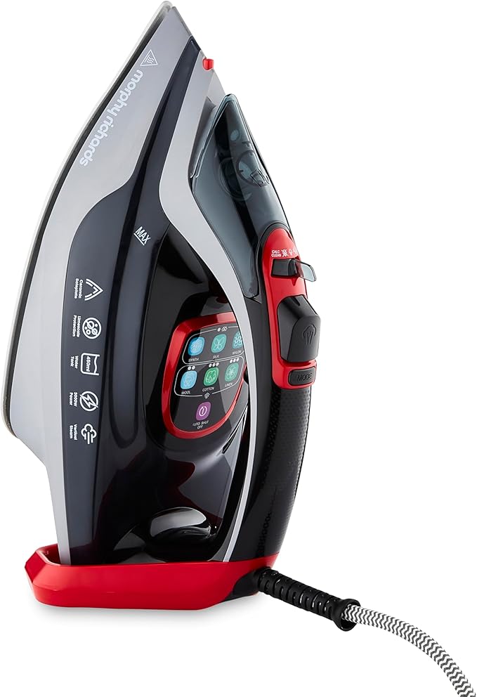 Morphy Richards Powersteam Elite LED Steam Iron, Non Stick Ceramic Soleplate, 35g Output, Vertical option, Self Clean, Anti Drip, Digital Controls, 3m Cord, 3000W, Grey, Black and Red, 302012