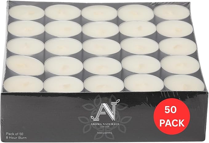 Aroma Naturals London Unscented Tealights 8 Hours Candles Pack of 50 | Long Burn Candlelight Everday Use | Size D3.72 x H2.5cm | White t Lights Wax & Aluminium Cups | Tea Lights Bag of (50)