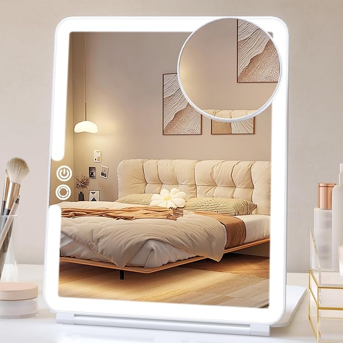 FUNTOUCH Rechargeable Lighted Makeup Mirror with 10X Magnifying, 2500mAh, 3 Colors Light Modes, Touch Screen Dimming Folding Light Up Mirrors for Travel, Cosmetic (White)