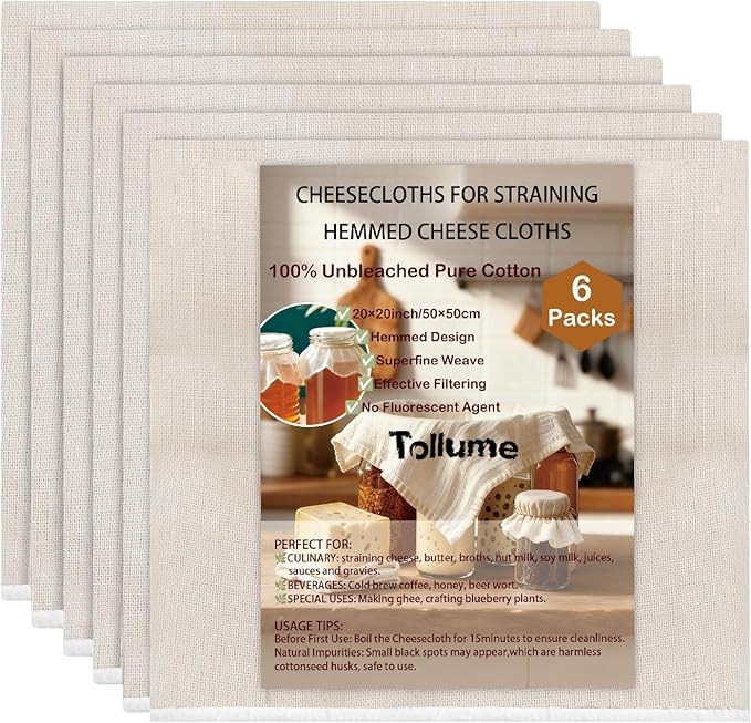 Cheese Cloths for Straining 6 PCS - Muslin Cloths for Cooking Unbleached Grade 100, 50 x 50cm Washable Hemmed Cheesecloth for Straining Nut Milk, Butter, Juice, Coffee, Jam & Wine Making