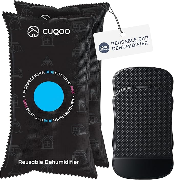 CUQOO Car Dehumidifier Bag – Reusable Moisture Absorber for Car Interior with Anti-Slip Mat – Microwave Reactivated Dehumidifier Bags for Condensation, Damp & Fog (2 Pack)