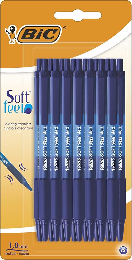 BIC Soft Feel Click Grip Ballpoint Pens, 1.0 mm Retractable Point, Soft-Touch Rubber Grip, Blue, pack of 15