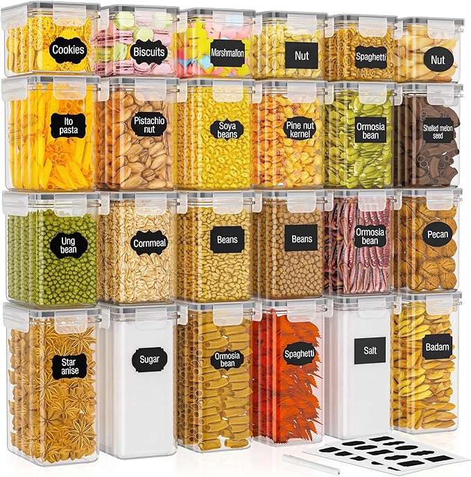 24 Pack Food Storage Containers - BPA Free, 33.6L Airtight Kitchen Storage for Cereal, Flour, Sugar & Baking Supplies with 24 Labels & 1 Marker
