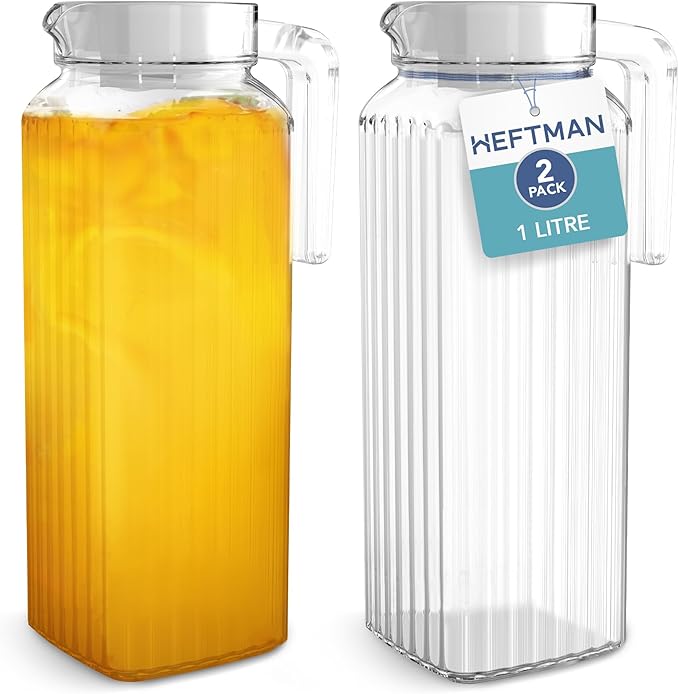 Glass Water Jug for Fridge - 2 Pack (1 Litre) Jugs with Lids Ribbed Design, Spill-Free Spout, Vented Lid Hot/Cold Ice Tea Coffee Milk & Juice Transparent Pitcher (HM3482)