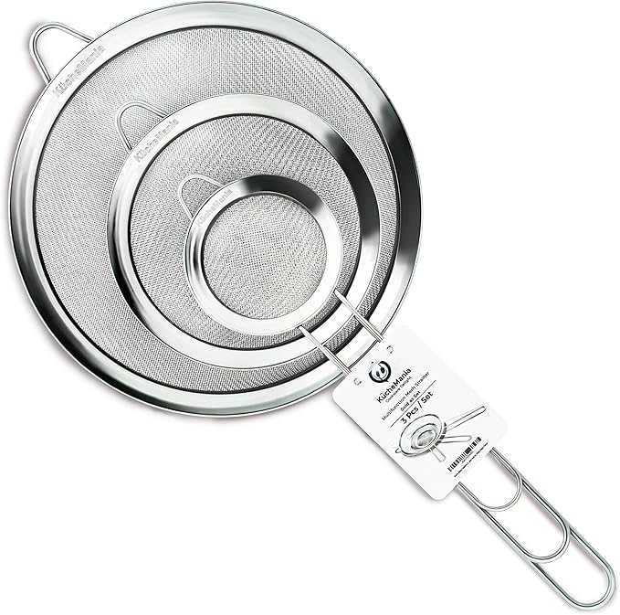 Sieves and Strainers Set – 3 Pack Stainless Steel Fine Mesh Sieve (7cm, 12cm, 18cm) | Rust Free, Dishwasher Safe, Flour Sifter for Baking & Cooking