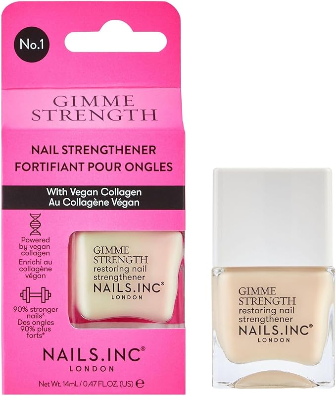 Nails Inc Gimme Strength Nail Treatment, Restoring Strengthener, Vegan Collagen, Shimmering Nail Highlighter, Durable & Strong Nails, Promote Nail Health, Cruelty Free, Vegan, 14 ML