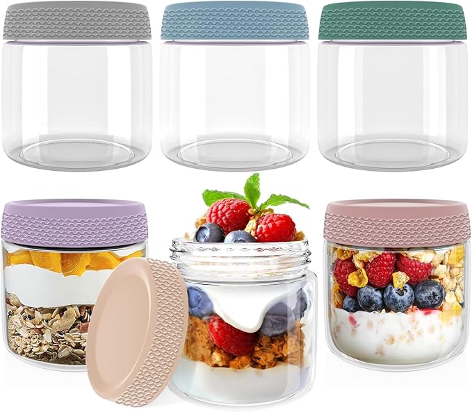 6-pack 12 oz Overnight Oats Containers with Lids, Glass jars with Airtight Lids, Wide mouth Mason Salad jars, Glass Food Storage Containers for Snacks Yogurt Spice Sugar