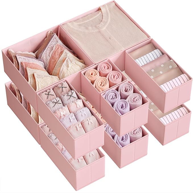 SONGMICS Drawer Organisers, Dresser Dividers, Set of 12, Foldable Fabric Storage Boxes for Socks, Underwear, Bras, Ties, Scarves, Jelly Pink RDZ006R01