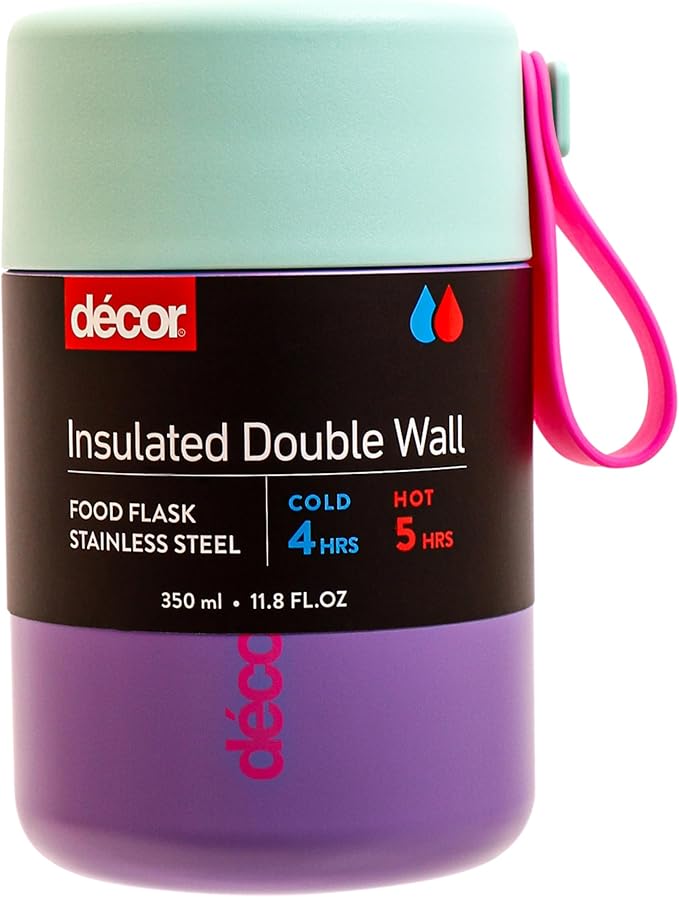 Décor 350ml Kids Insulated Food Flask - Double Wall Stainless Steel Container with Wide Opening, Airtight Leakproof Lid, 4h Hot / 9h Cold - Purple