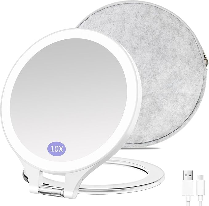 FUNTOUCH Rechargeable Cosmetic Mirror with Lights, 3 Colours Dimmable Touch Screen, Portable Foldable Makeup Travel Mirror with Storage Bag
