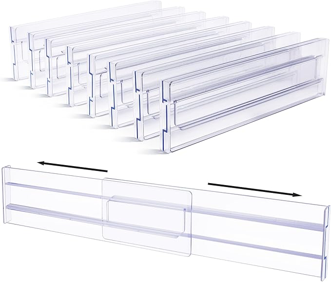 Vtopmart 8 Pack Drawer Dividers, 3.2" High Expandable from 12.2-21.4" Adjustable Drawer Organisers，Clear Plastic Drawers Separators for Clothing, Kitchen Utensils and Office Storage