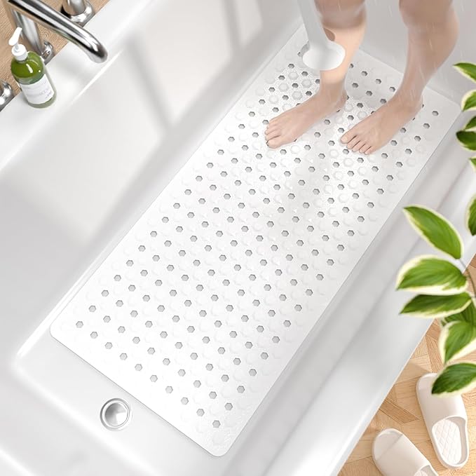 HITSLAM Bath Mat Non Slip Anti Mould, 89 x 40 cm Long Non Slip Shower Mat for Inside Shower, Machine Washable Bathroom Bathtub Mat with Strong Suction Cups and Drain Holes, Soft on Feet, White