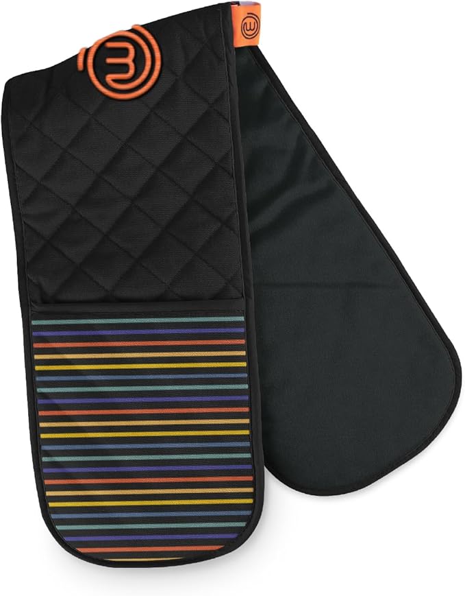 MasterChef Oven Gloves Heat Resistant, Double Oven Gloves Made from Cotton with Official Show Logo & Hanging Loop, Attached Oven Mitts, Machine Washable, Heat Proof Pot Holders for the Kitchen, Vivid