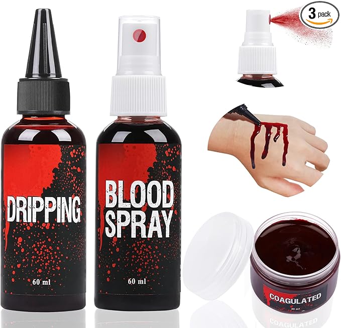 Fake Blood Set, 60ml Fake Blood Spray and 60ml Dripping Blood and 40ml Coagulated Gel Blood, Halloween Washable Fake Blood Makeup for Clothes, Zombie, Vampire Cosplay & Dress Up (Sets)