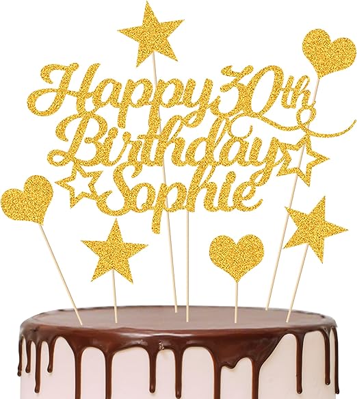 Personalised Happy Birthday Cake Topper Customised with Any Age Name Party Cake Decoration 16 18 21 40 60 Double Sided Glitter Card Gold