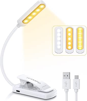 10 LED Book Light, 3 Eye-Protecting Lightng Colours Reading Light, Adjustable Brightness, USB Rechargeable 12H Battery Life, Flexible Clip on Book Light for Reading, Painting,Travel[Energy Class A]