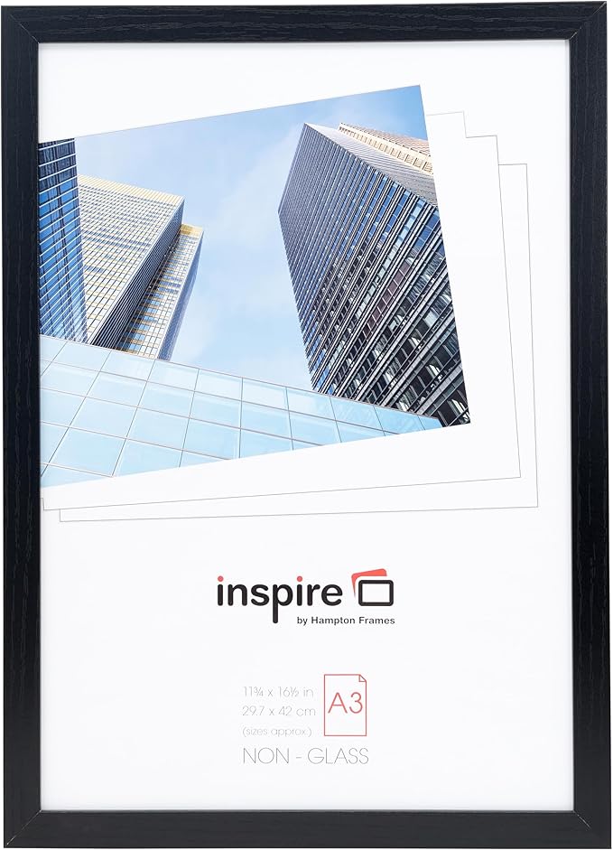 Hampton Frames | Poster Frame | A3 (30x42cm), Black, Rectangular, Wood Effect MDF, Acrylic Front | Lightweight, Wall Mount, Portrait or Landscape | For Photos, Prints, Artwork Display