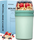Cereal Cup On The Go,600ml+270ml Breakfast Pots to Go,Yogurt and Granola Pot,Muesli Cup Travel Bowl and Milk Container for Work,Overnight Oats Jar with Lid & Spoon(Nordic Green)