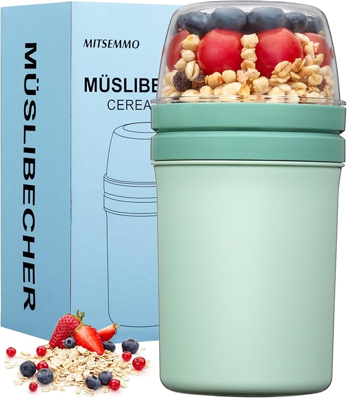 Cereal Cup On The Go,600ml+270ml Breakfast Pots to Go,Yogurt and Granola Pot,Muesli Cup Travel Bowl and Milk Container for Work,Overnight Oats Jar with Lid & Spoon(Nordic Green)