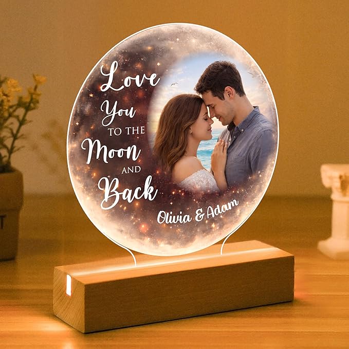 Star Online Personalised Valentines Gift for Him & Her, Custom Couple Photo Acrylic Night Light Plaque “I Love You to The Moon & Back”, Romantic Present for Boyfriend or Girlfriend (Moon)[Energy Class A+]